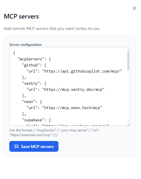 Jumbo AI MCP server settings